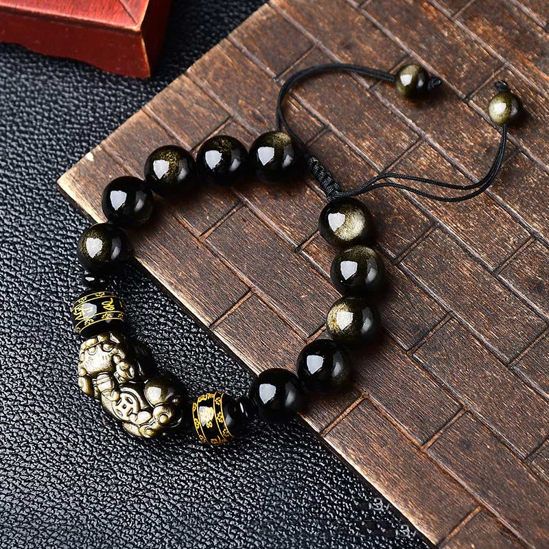 Bracelet tressé en Buddha Stones naturelle dorée et brillante PiXiu Om Mani Padme Hum Wealth