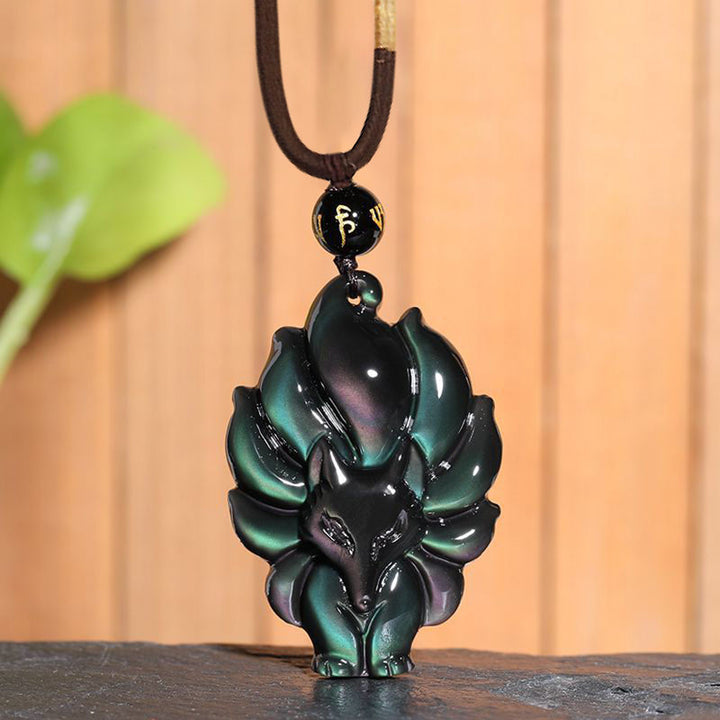 Collier pendentif positif en obsidienne arc-en-ciel naturelle Buddha Stones et obsidienne dorée brillante à neuf queues - Renard à neuf queues en obsidienne arc-en-ciel - image 0