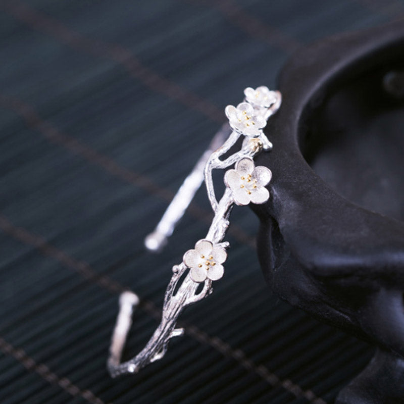 Bracelet réglable en argent sterling 925 Buddha Stones et fleur de prunier
