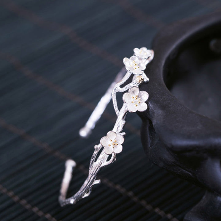 Bracelet réglable en argent sterling 925 Buddha Stones et fleur de prunier
