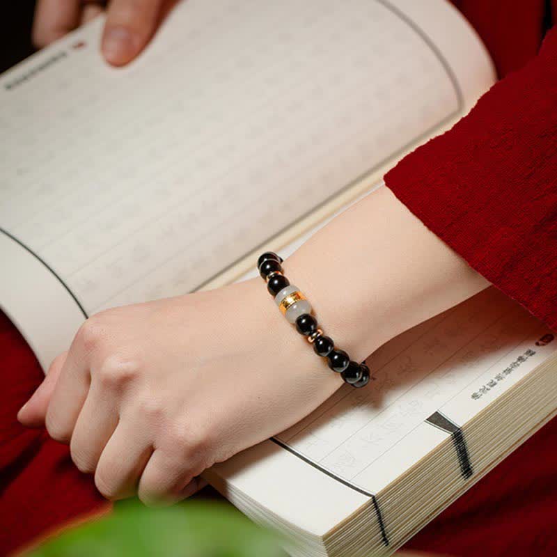 Bracelet magnétique pour couple en obsidienne Buddha Stones et jade Om Mani Padme Hum