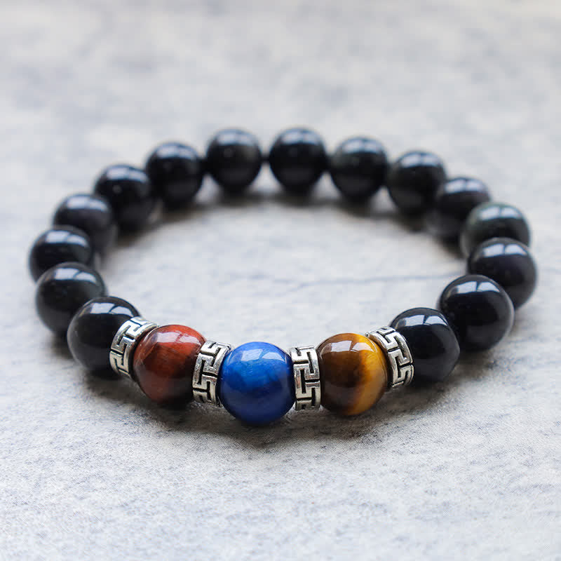 Bracelet de force en obsidienne noire naturelle et œil de tigre tricolore