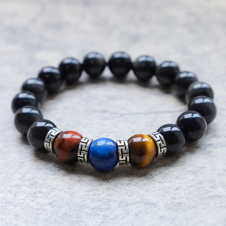 Bracelet de force en obsidienne noire naturelle et œil de tigre tricolore