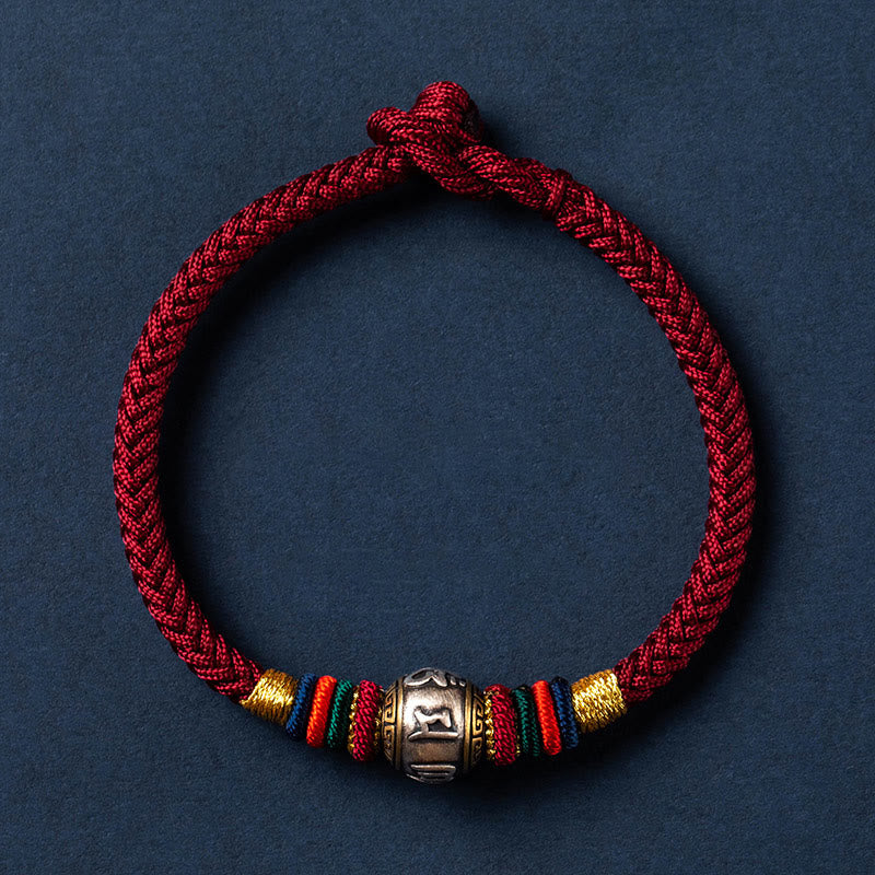 Bracelet tressé en argent sterling 925 fait à la main avec Buddha Stones Om Mani Padme Hum et nœud King Kong