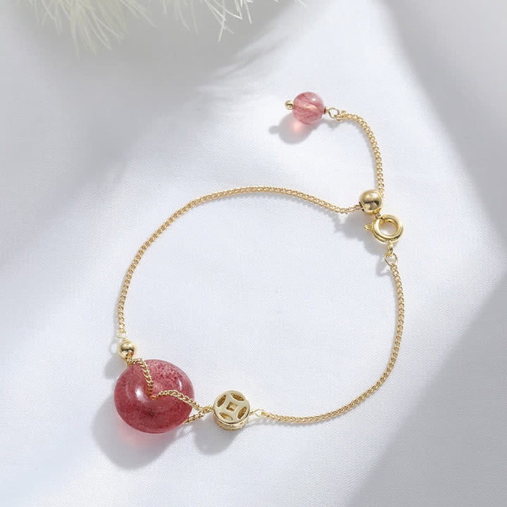 Bracelet d'amour avec boucle de paix et pièce de monnaie en quartz fraise et Buddha Stones