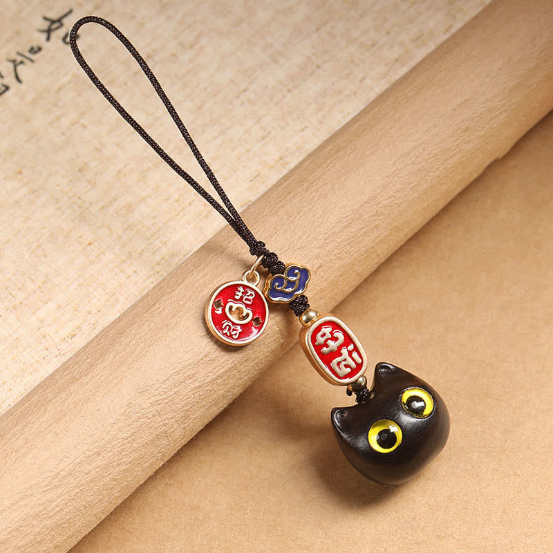 Porte-clés en bois d'ébène avec Buddha Stones, chat porte-bonheur, nuage de bon augure, paix, décoration à suspendre pour téléphone - Chat aux yeux jaunes - Décoration suspendue pour téléphone - image 8