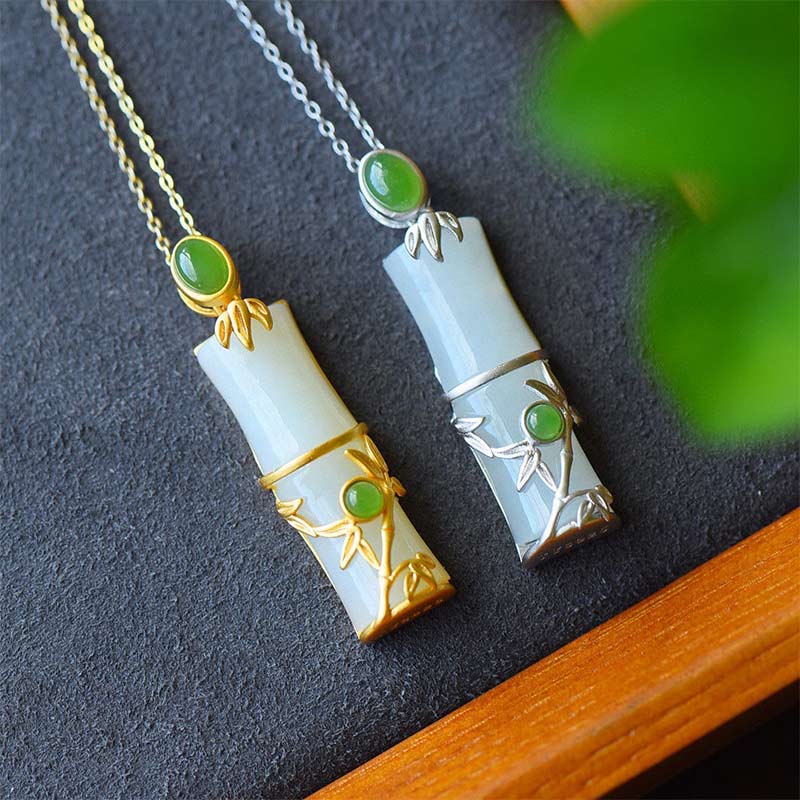 Collier pendentif de protection en bambou et jade blanc et jade cyan Buddha Stones