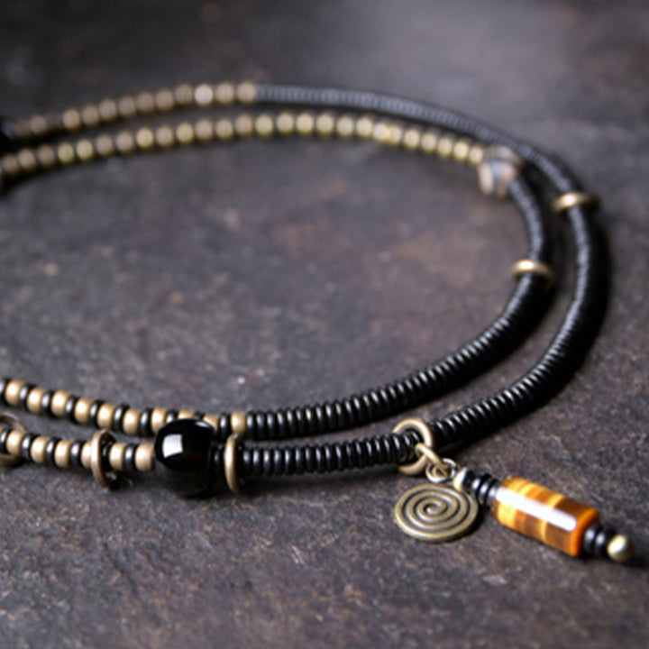 Collier pendentif en perles de Dzi en bois d'ébène et Buddha Stones en cuivre pour couple de paix