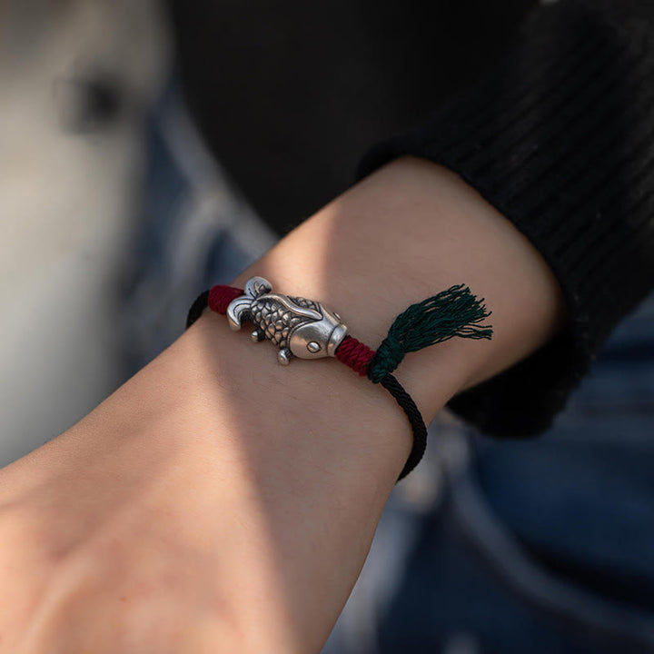 Bracelet tressé en argent sterling 925 Buddha Stones et poisson Koi porte-bonheur