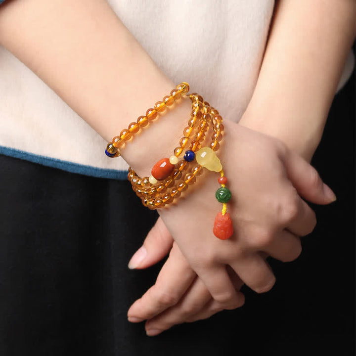 Bracelet à breloques de protection PiXiu en agate rouge avec boucle de paix en ambre et citrine naturelle de 108 perles de Mala - image 18