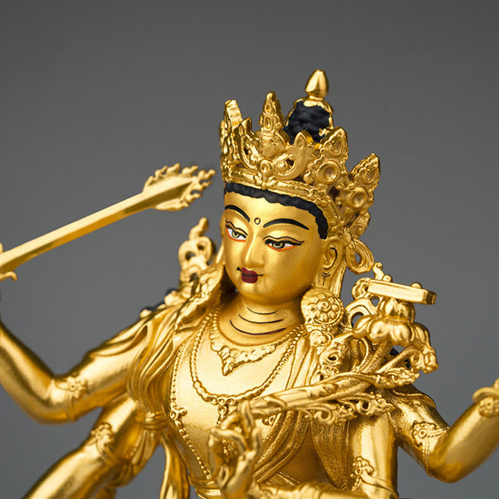 Figurine en or du Bodhisattva Manjusri à quatre bras, statue en cuivre de la compassion et de la sérénité, décoration de la maison