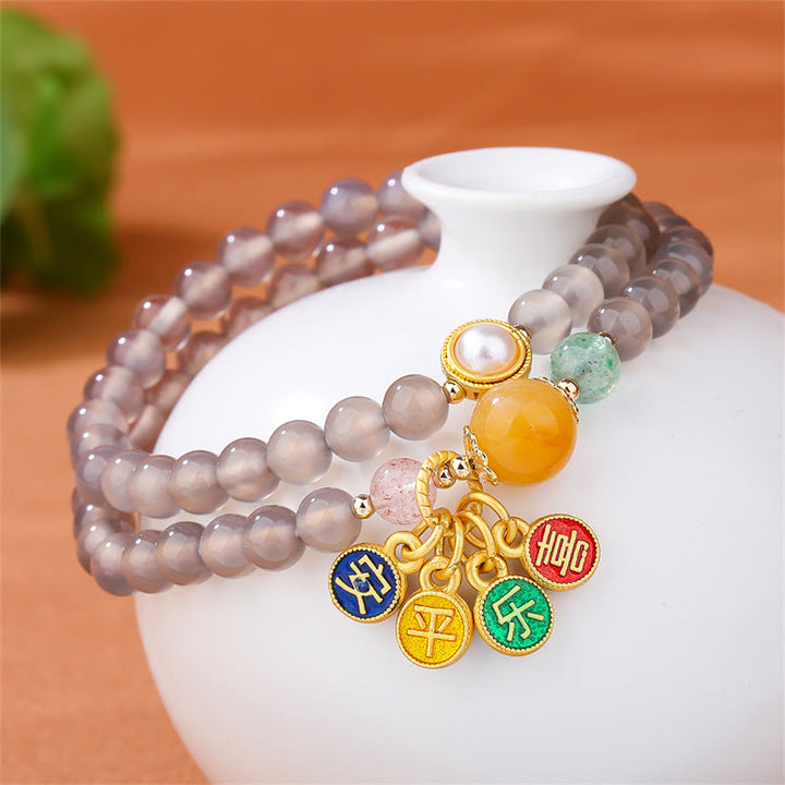 Bracelet double tour en agate grise naturelle avec breloque paix et joie et Buddha Stones
