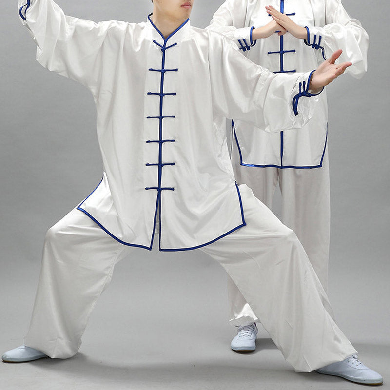 Ensemble de vêtements unisexes à motifs simples avec Buddha Stones pour méditation, prière, spirituel, zen, tai-chi, qigong - Blanc + Bordure Bleue - 3XL- Convient aux États-Unis, au Royaume-Uni, en Australie et en UE - 2XL - image 0