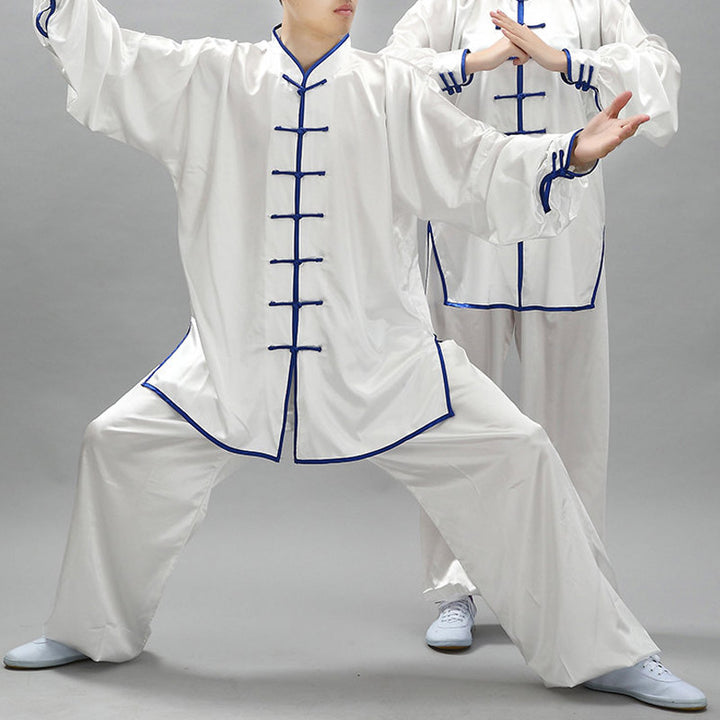 Ensemble de vêtements unisexes à motifs simples avec Buddha Stones pour méditation, prière, spirituel, zen, tai-chi, qigong - Blanc + Bordure Bleue - 3XL- Convient aux États-Unis, au Royaume-Uni, en Australie et en UE - 2XL - image 0