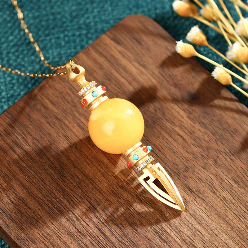 Collier pendentif anxiété clair Dorje Vajra en ambre plaqué or 24 carats