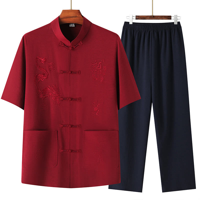 Costume Tang en Buddha Stones Hanfu Dragon chinois Uniforme de Kung Fu traditionnel Haut à manches courtes et pantalon Vêtements Ensemble pour hommes - Rouge - US/UK/AU44，EU54 (4XL) - image 16