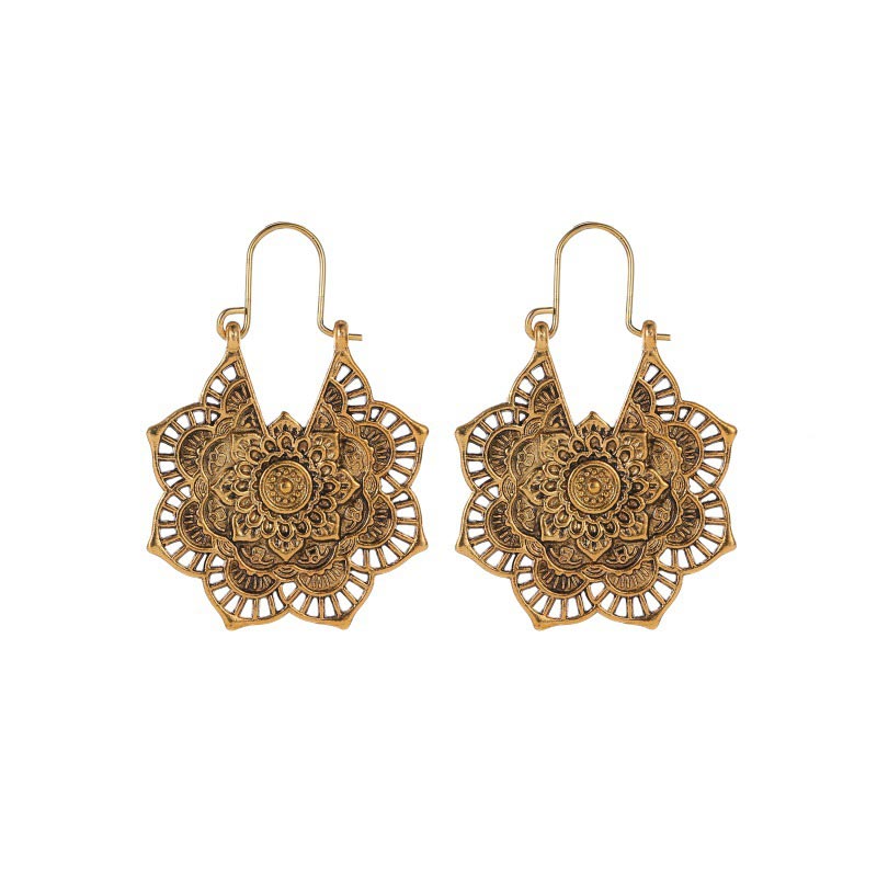 Boucles d'oreilles pendantes en cuivre avec gravure de lotus tibétain et Buddha Stones - Or - image 1