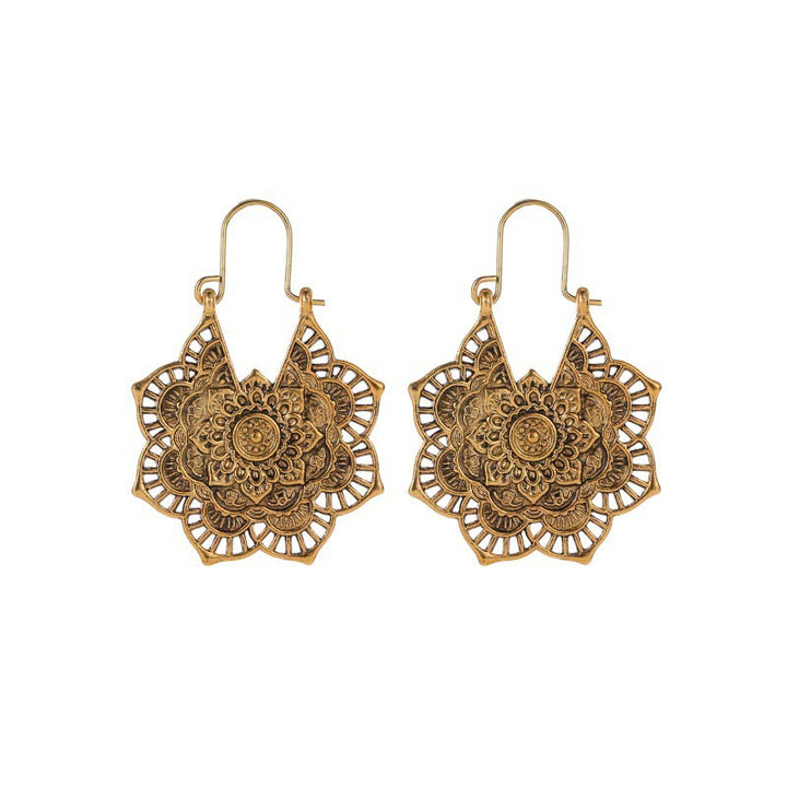 Boucles d'oreilles pendantes en cuivre avec gravure de lotus tibétain et Buddha Stones - Or - image 1