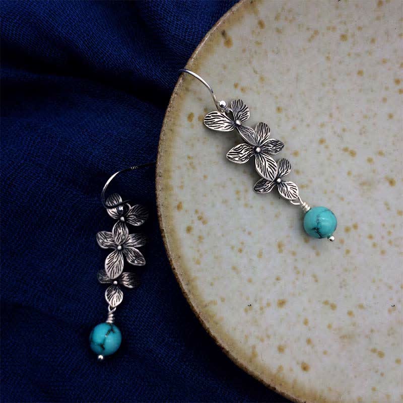 Boucles d'oreilles pendantes en argent sterling 925 avec Buddha Stones , turquoise, lazurite et lapis-lazuli, motif fleur et feuille, symbole de sérénité et de protection. - image 5