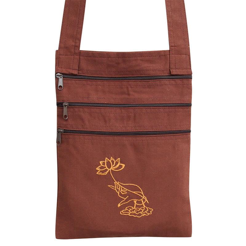 Sac à bandoulière en coton brodé Lotus pour pratique spirituelle