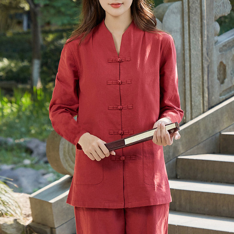 Buddha Stones Spirituelle Zen Pratique Yoga Méditation Prière Uniforme Coton Lin Vêtements Ensemble Femme - Rouge - US18，UK/AU22，EU50 (6XL) - image 9