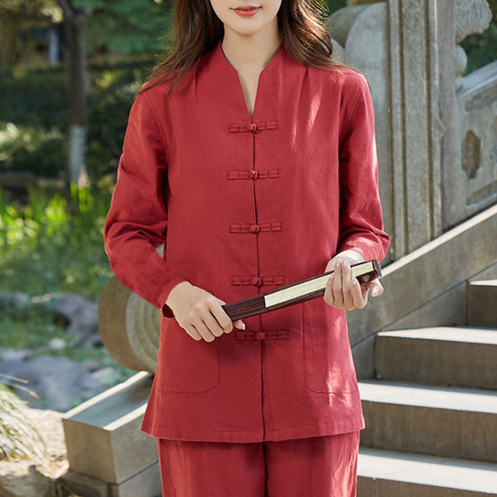 Buddha Stones Spirituelle Zen Pratique Yoga Méditation Prière Uniforme Coton Lin Vêtements Ensemble Femme - Rouge - US18，UK/AU22，EU50 (6XL) - image 11