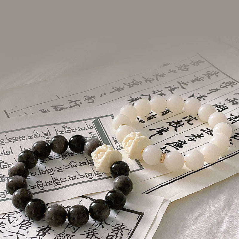 Bracelet de protection en obsidienne argentée et brillante de Buddha Stones , graine de Bodhi, ivoire, fruit, lion dansant