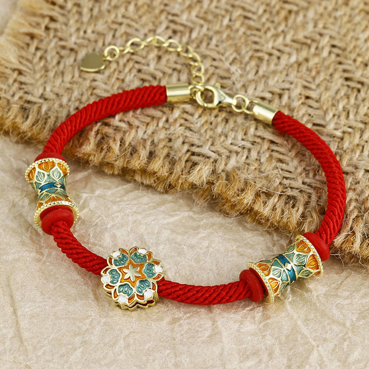 Bracelet en corde rouge en argent sterling 925 avec motif tambour de lotus de Buddha Stones Dunhuang