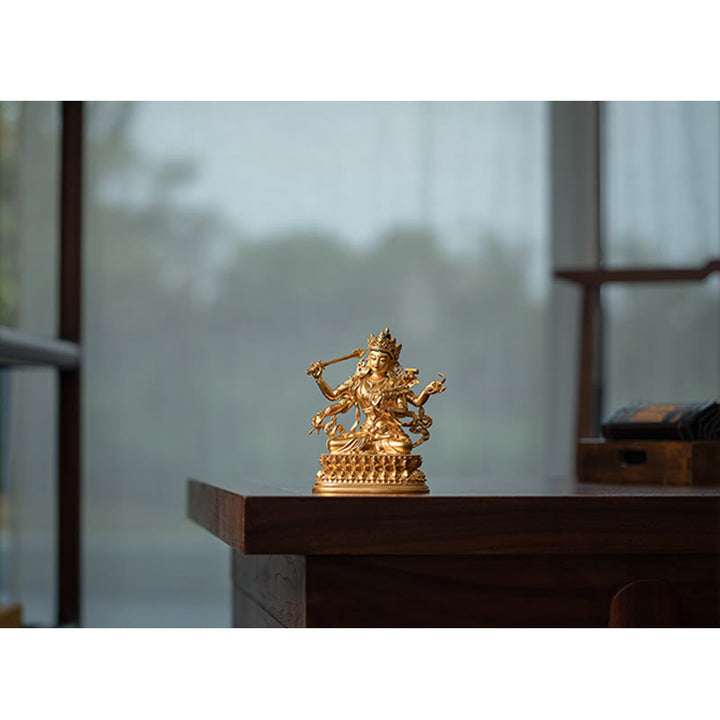 Figurine en or du Bodhisattva Manjusri à quatre bras, statue en cuivre de la compassion et de la sérénité, décoration de la maison
