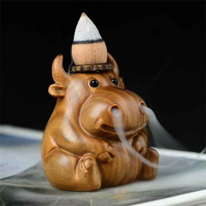 Brûleur d'encens à reflux en Buddha Stones en bois de santal vert et mignon motif de veau pour méditation