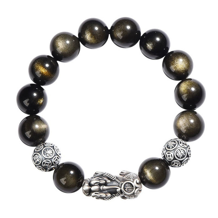Bracelet de protection de richesse PiXiu en obsidienne naturelle dorée et argent sterling 925 Buddha Stones