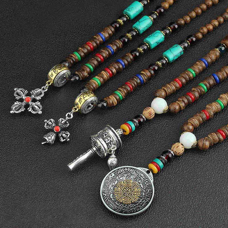 Collier pendentif en bois Vajra Buddha Stones tibétaines Om Mani Padme Hum et rotation de la roue de prière - image 20