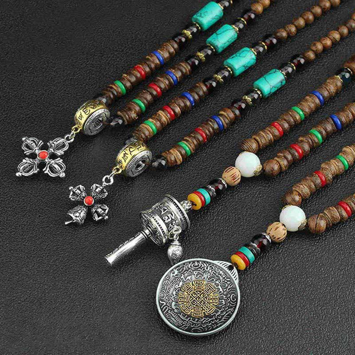 Collier pendentif en bois Vajra Buddha Stones tibétaines Om Mani Padme Hum et rotation de la roue de prière - image 20