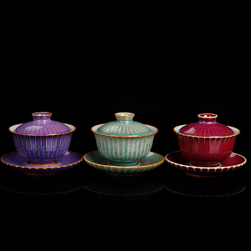 Buddha Stones Rétro Glaçure Changement De Four En Céramique Gaiwan Sancai Tasse À Thé Kung Fu Tasse À Thé Et Soucoupe Avec Couvercle