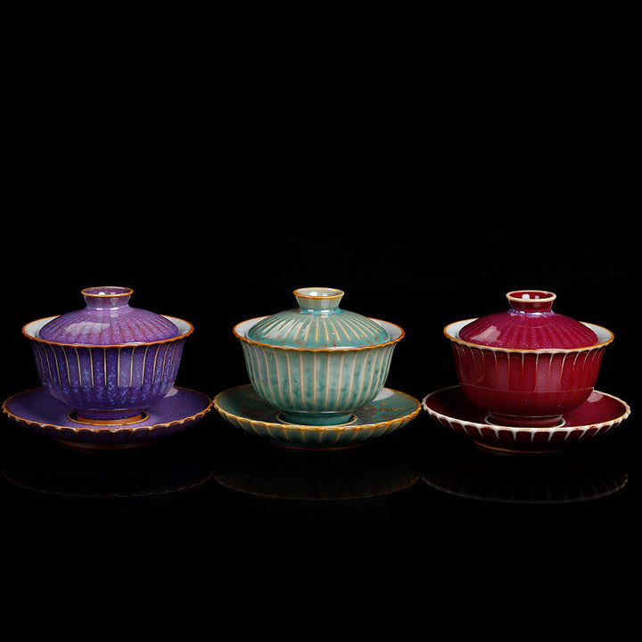 Buddha Stones Rétro Glaçure Changement De Four En Céramique Gaiwan Sancai Tasse À Thé Kung Fu Tasse À Thé Et Soucoupe Avec Couvercle