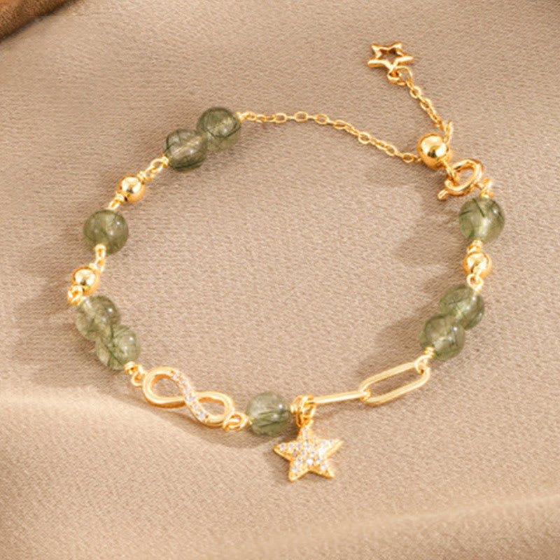 Bracelet de protection en or 14 carats avec quartz rutile vert et boucle Möbius de Buddha Stones, amour éternel et étoile