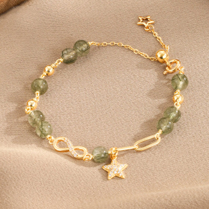 Bracelet de protection en or 14 carats avec quartz rutile vert et boucle Möbius de Buddha Stones, amour éternel et étoile
