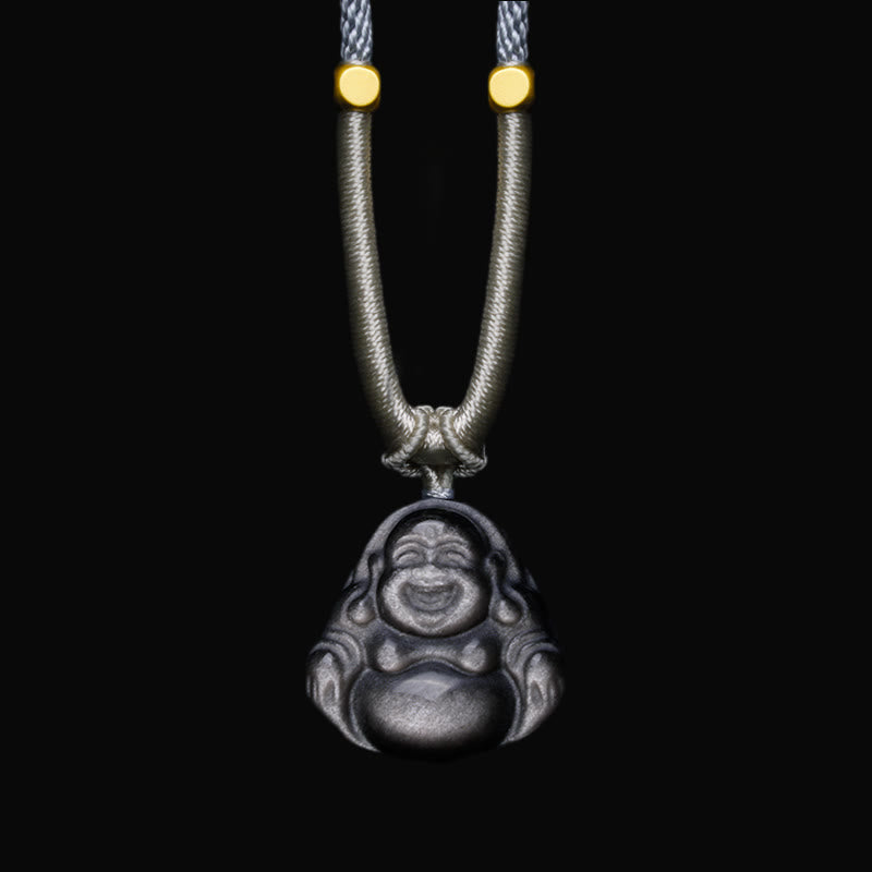 Collier pendentif de protection Buddha Stones rieur en obsidienne argentée naturelle - Collier Bouddha rieur gris clair - image 6
