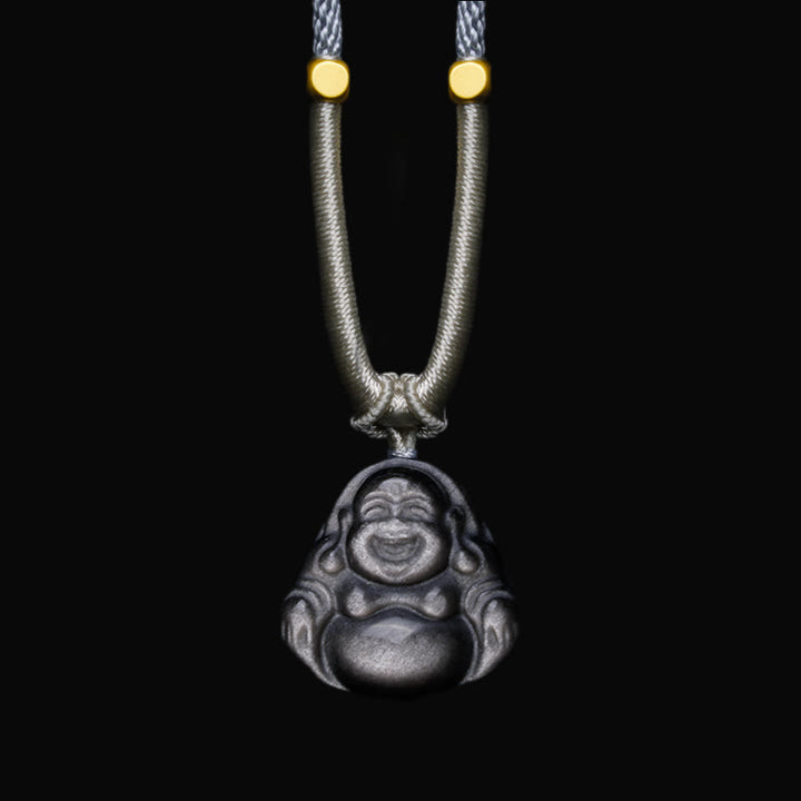 Collier pendentif de protection Buddha Stones rieur en obsidienne argentée naturelle - Collier Bouddha rieur gris clair - image 6
