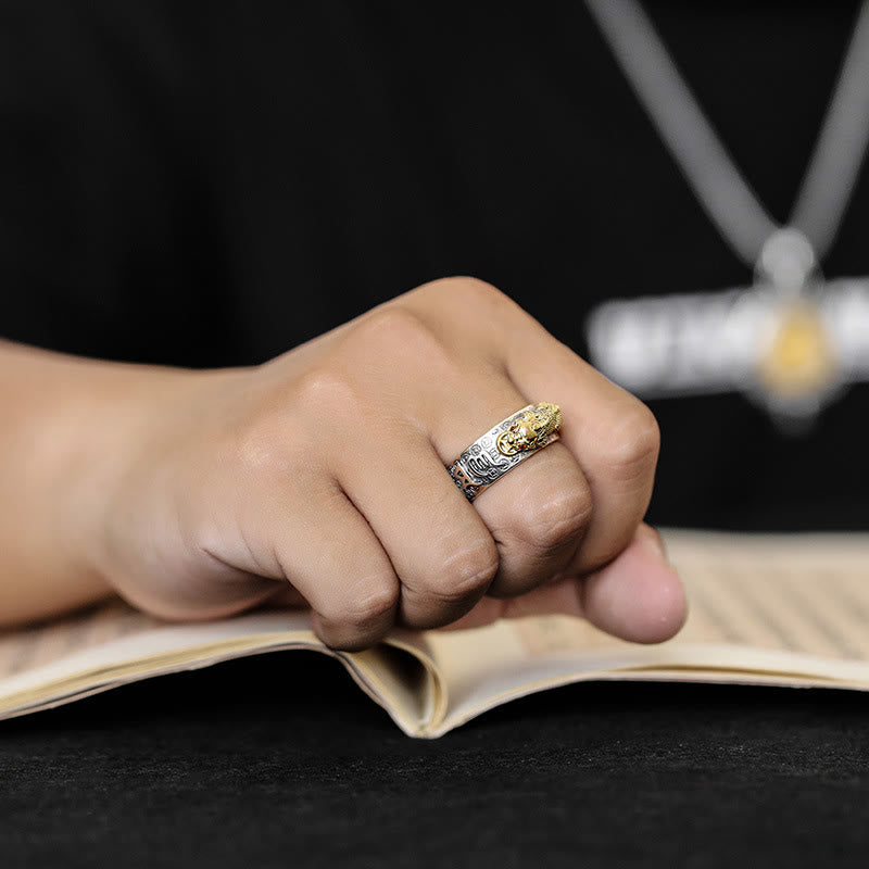 Bague de richesse tibétaine en argent sterling 990 Buddha Stones Om Mani Padme Hum PiXiu Dorje Vajra Heart Sutra gravé