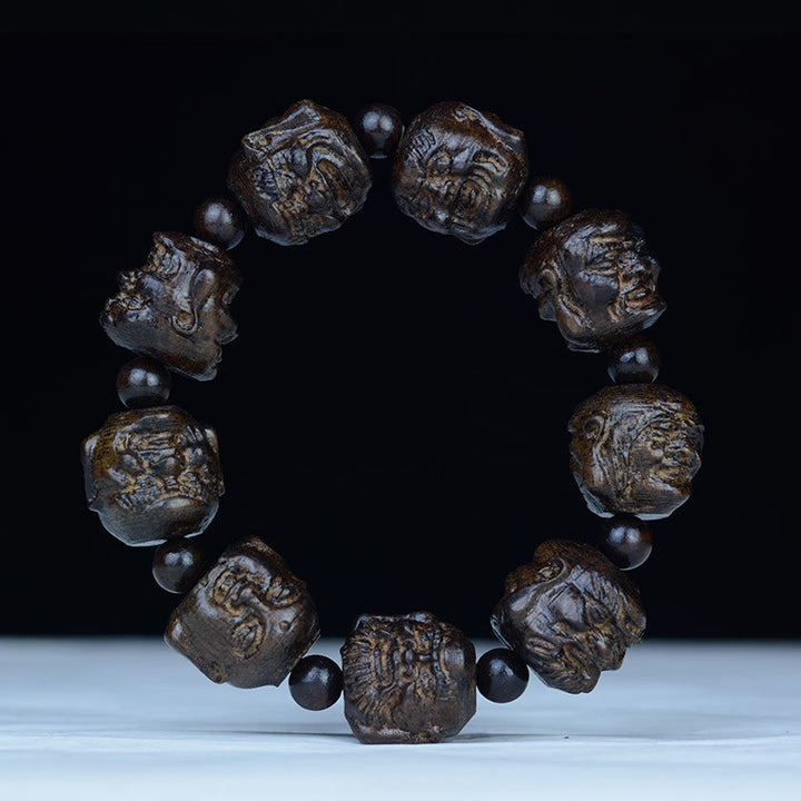 Bracelet d'équilibre gravé en bois d'ébène avec Buddha Stones et dragon de lotus des dix-huit arhats