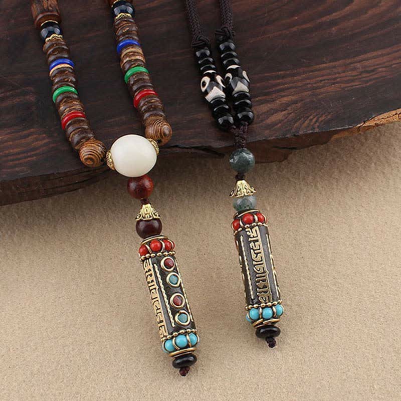 Buddha Stones tibétain Om Mani Padme Hum Dzi perle wengé bois collier pendentif