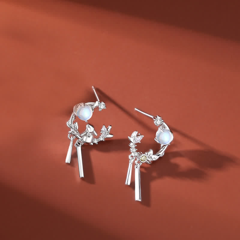 Collier pendentif bracelet boucles d'oreilles en argent sterling 925 avec motif fleur de lune et pierre de lune Année du lapin - Boucles d'oreilles - Argent - image 9