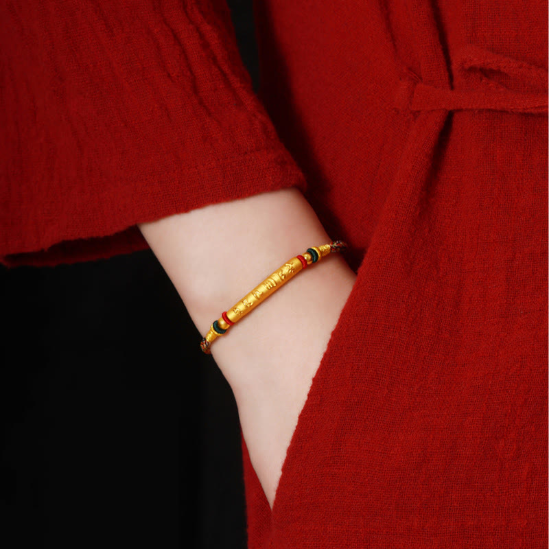 Bracelet tressé à huit fils en or 999 tibétain avec Buddha Stones Om Mani Padme Hum, fabriqué à la main, avec nœud de paix et porte-bonheur