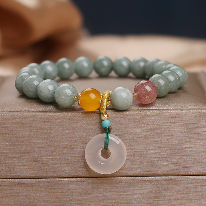 Bracelet de prospérité avec boucle de paix et perles de quartz fraise en jade naturel de Buddha Stones