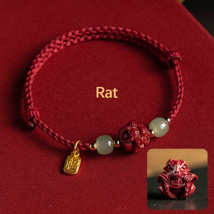 Bracelet en corde porte-bonheur en jade Hetian Buddha Stones et cinabre naturel, signe du zodiaque chinois