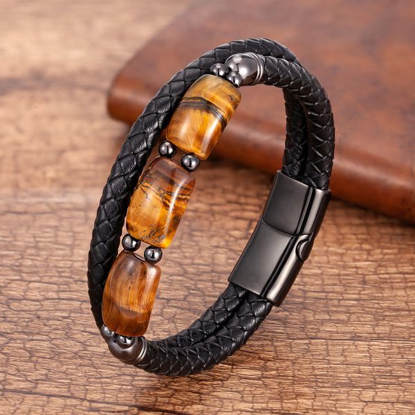 Bracelet en cuir avec boucle magnétique et protection naturelle de l'œil de tigre et des Buddha Stones