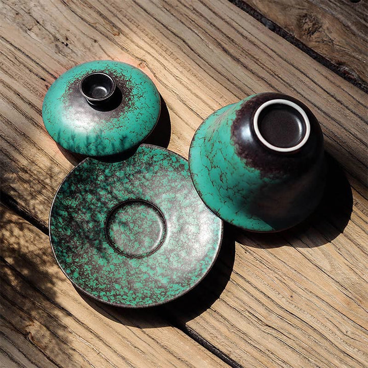 Tasse à thé et soucoupe en céramique émaillée verte rétro Buddha Stones Gaiwan Sancai Tasse à thé Kung Fu et soucoupe avec couvercle