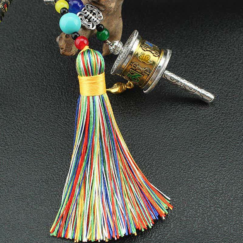 Roue de prière tibétaine Om Mani Padme Hum avec pompon pour sac, décoration suspendue pour voiture