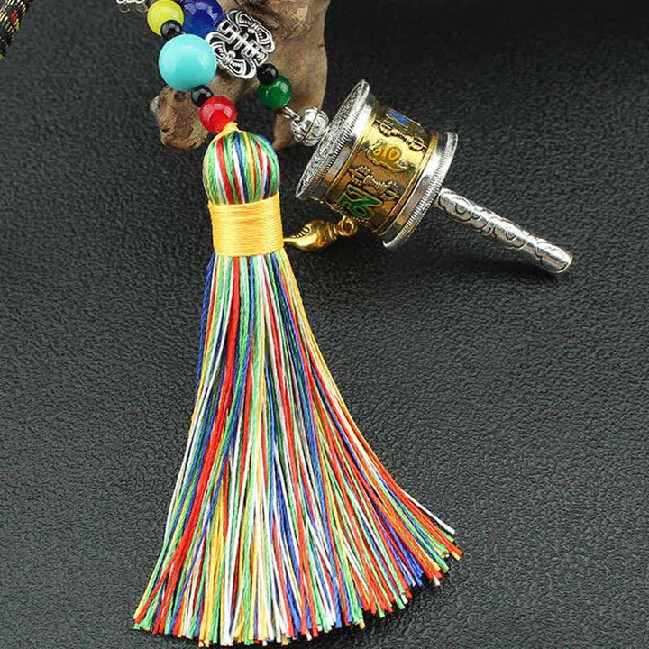 Roue de prière tibétaine Om Mani Padme Hum avec pompon pour sac, décoration suspendue pour voiture